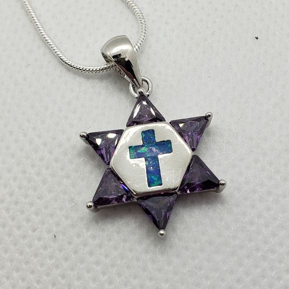 NIB GORGEOUS AMETHYST STAR OF DAVID W OPAL CROSS box chain - Picture 1 of 3